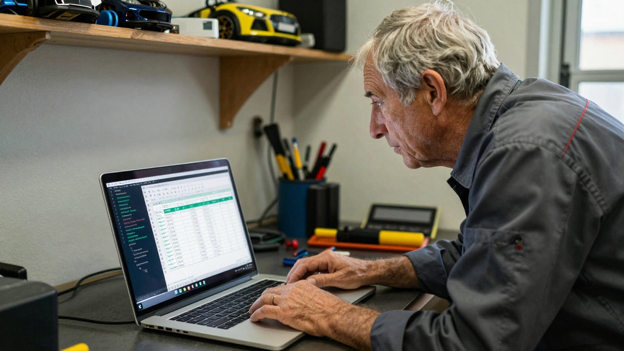 An older man in a workshop watches JavaScript convert Excel data into a PDF invoice on his laptop.