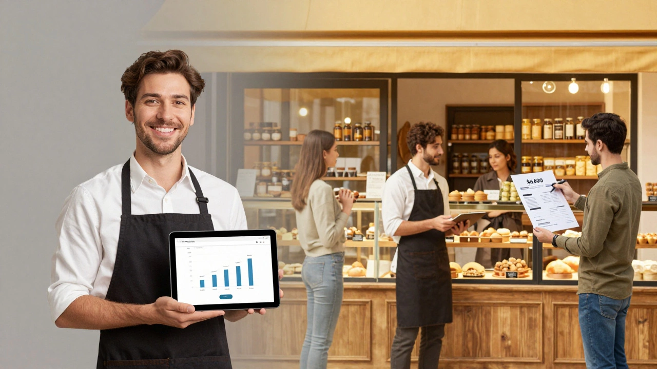Bakery owner celebrating increased online sales with a web developer presenting a professional proposal.