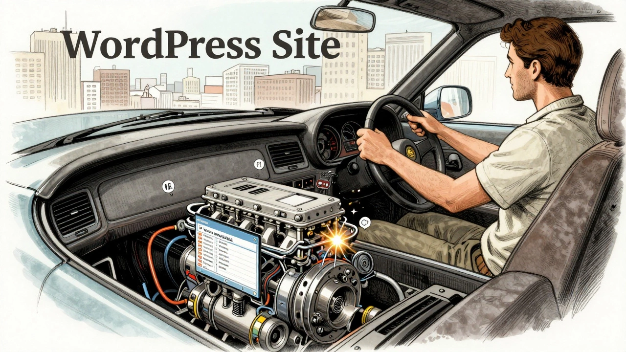 Car dashboard with engine made of WordPress database tables, glowing SQL commands as sparks beneath the hood.