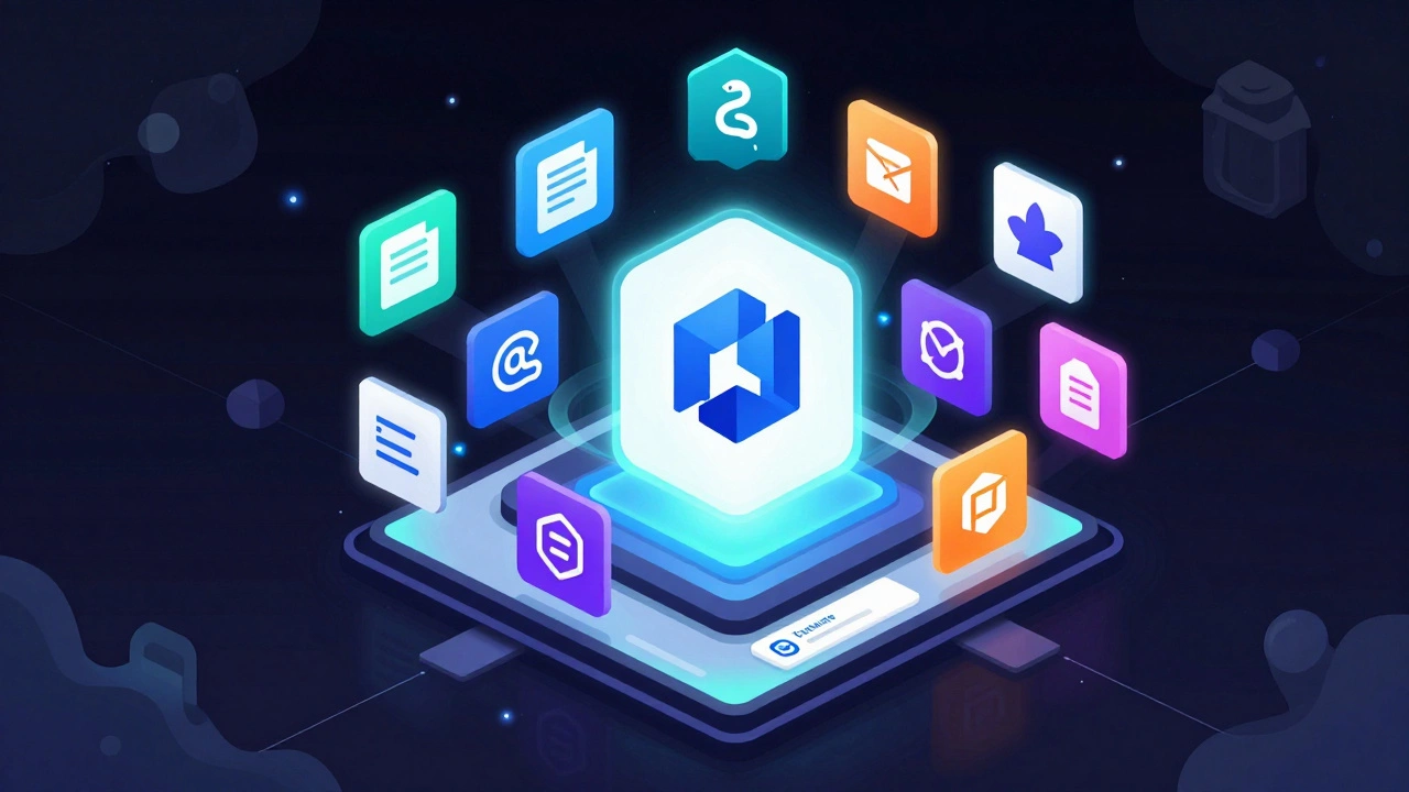 Colorful extension marketplace cards floating in digital space