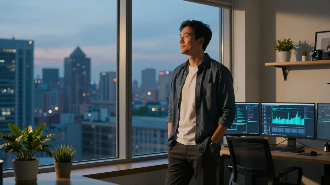 Confident developer overlooking city skyline at dusk in modern office
