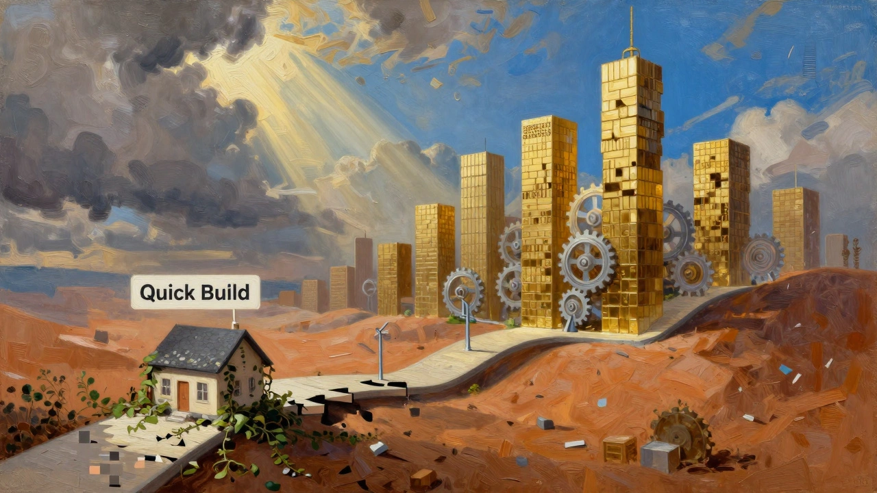 Decaying path beside flourishing skyscraper city made of code blocks