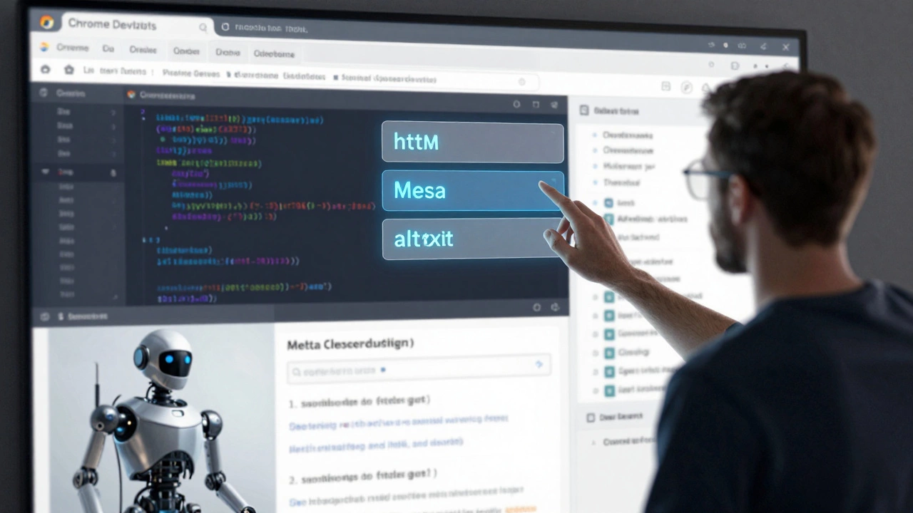Developer inspecting HTML elements in browser while a crawler scans the page below.