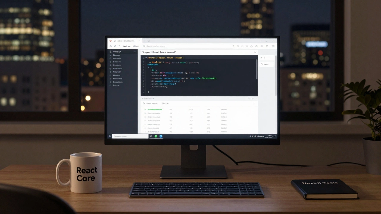 Developer working at night with a Next.js project on screen showing React import statement, coffee mug labeled 'React Core'.