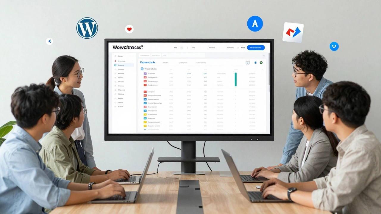 Developers working together with Laravel dashboard showing WordPress, Shopify, and Mailchimp icons.