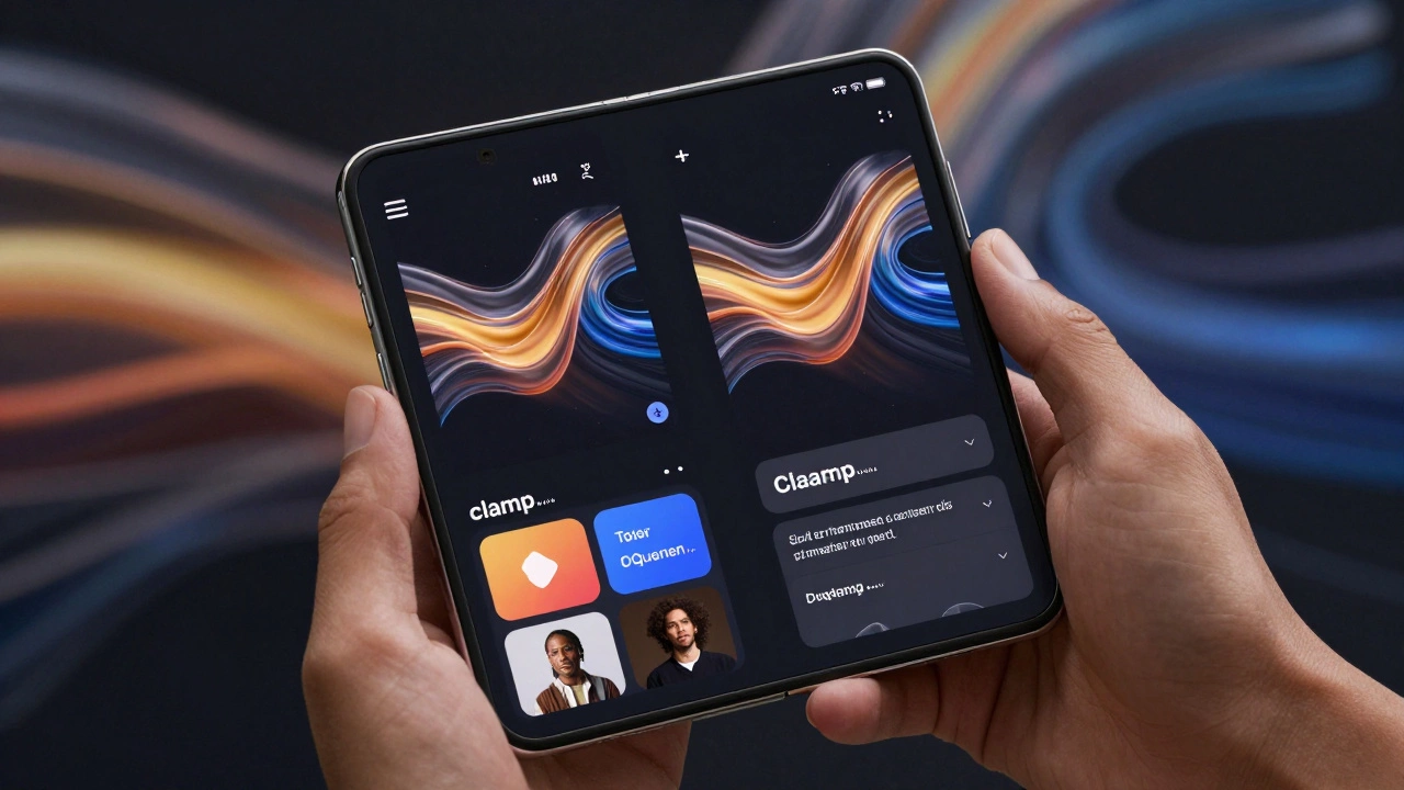 Foldable smartphone displaying dynamically rearranging content as the screen folds and unfolds.
