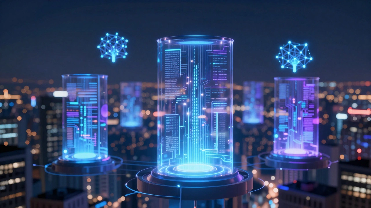 Futuristic cloud server connection with neural network data streams.