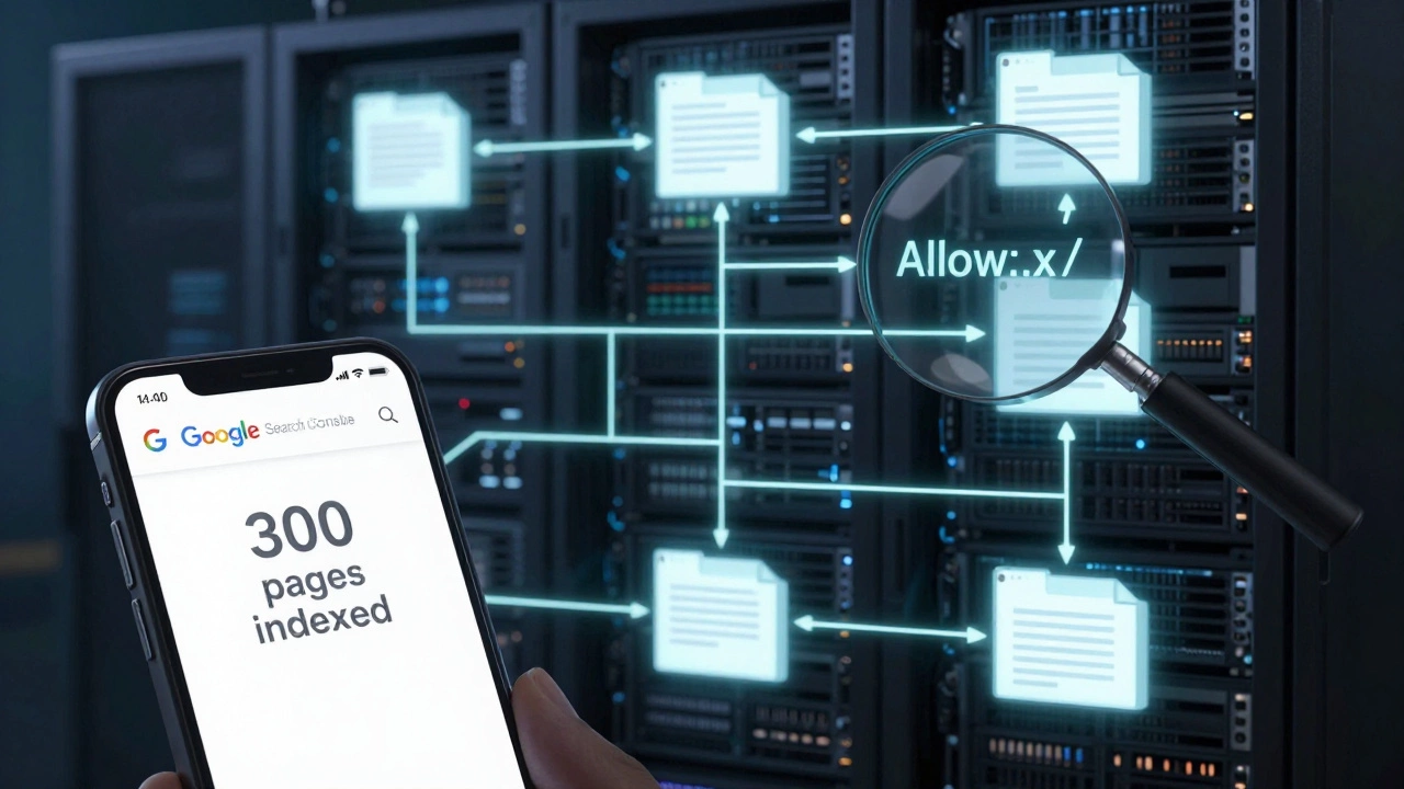 Glowing digital sitemap web connecting indexed pages, with a magnifying glass over a robots.txt file and mobile showing indexed pages notification.