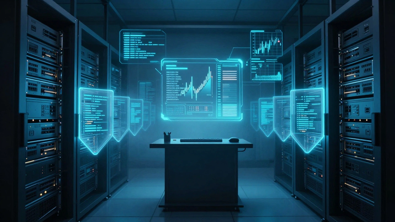 Glowing server racks with isolated security partitions in blue-lit data center