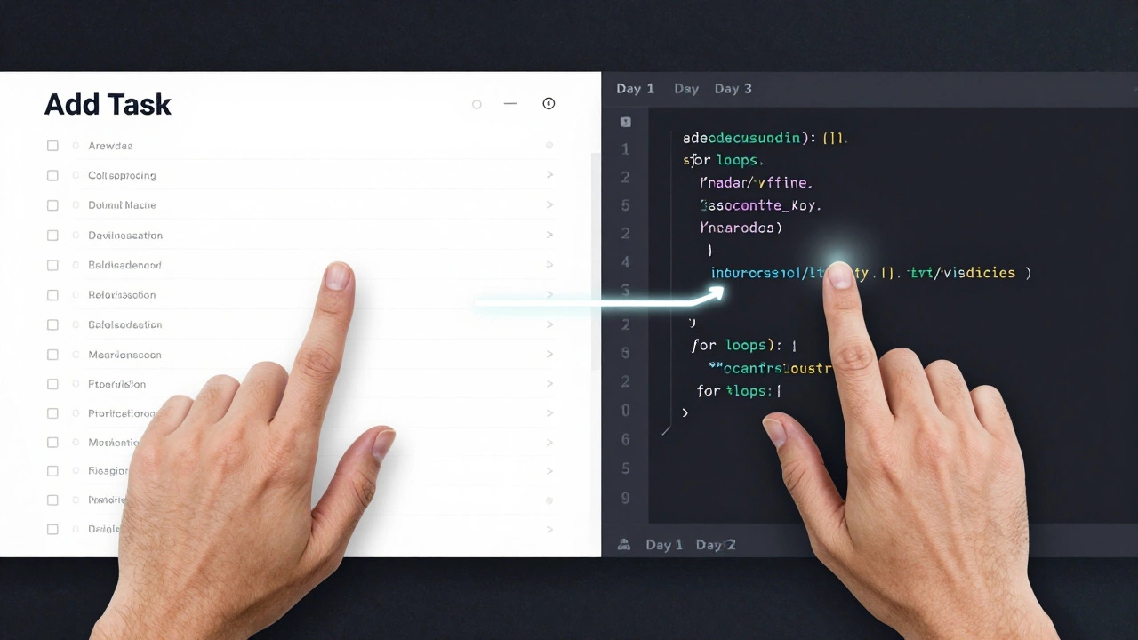 Hand typing JavaScript code that adds tasks to a list, showing progress from day one.