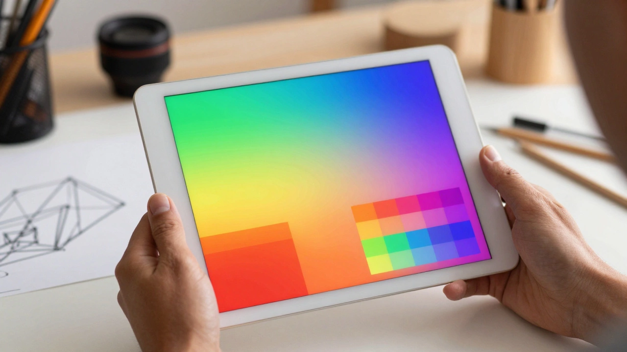 Hands holding tablet with vibrant inclusive design gradients