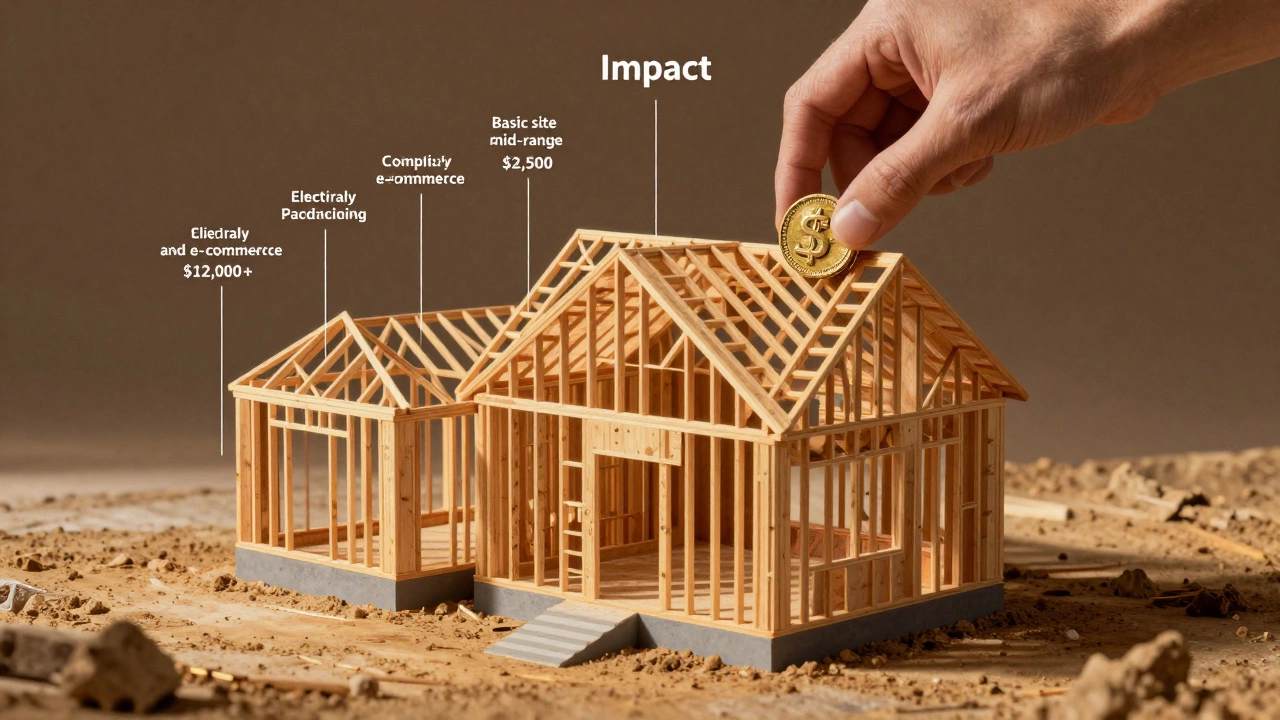 House construction metaphor showing three website tiers from foundation to roof, with a gold coin labeled 'Impact.'