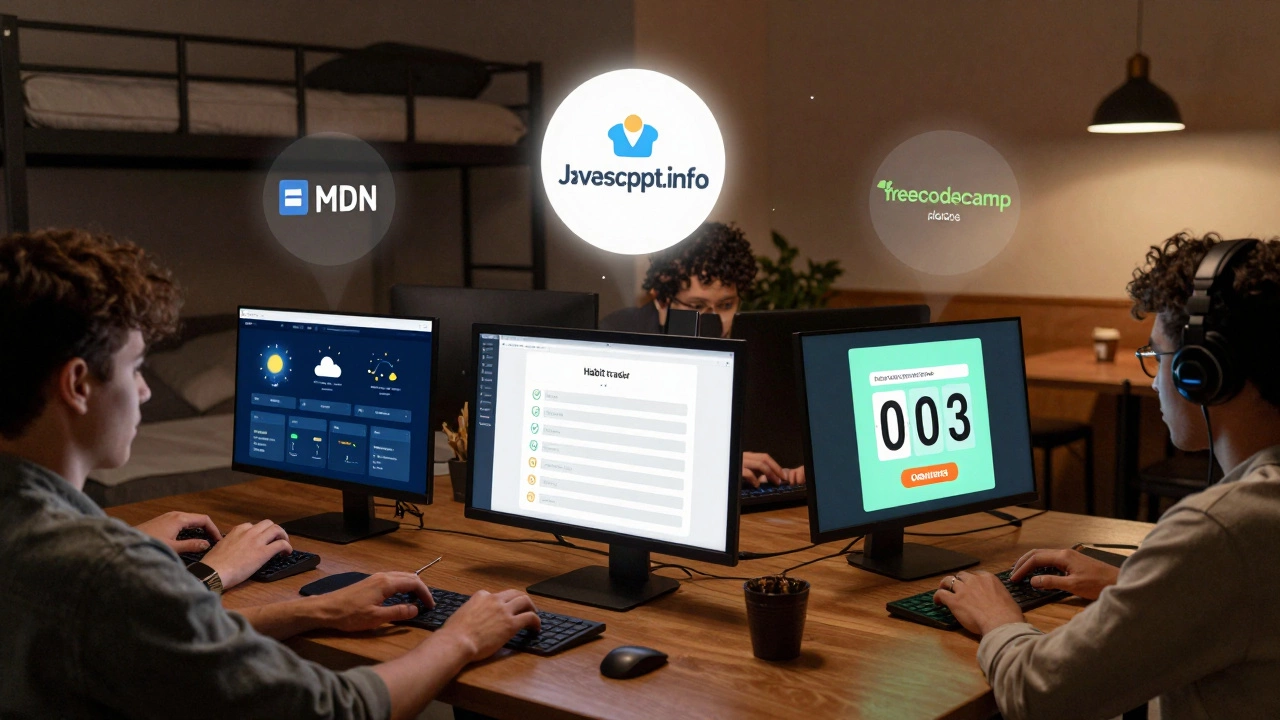 People in different locations building real JavaScript projects like weather apps and habit trackers.