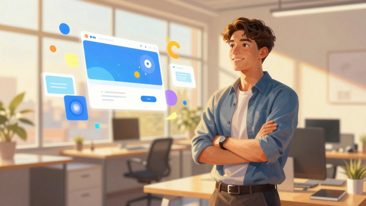 Professional standing with floating abstract digital elements