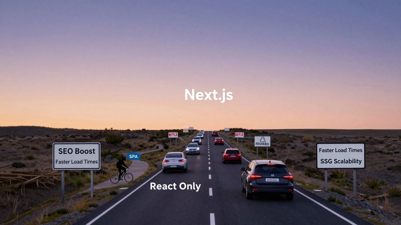 Road from 'React Only' to 'Next.js' highway with company logos speeding along, signposted with performance benefits.