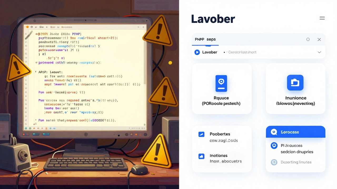 Split-screen: chaotic 2005 PHP code vs. clean modern Laravel code, showing PHP's transformation.