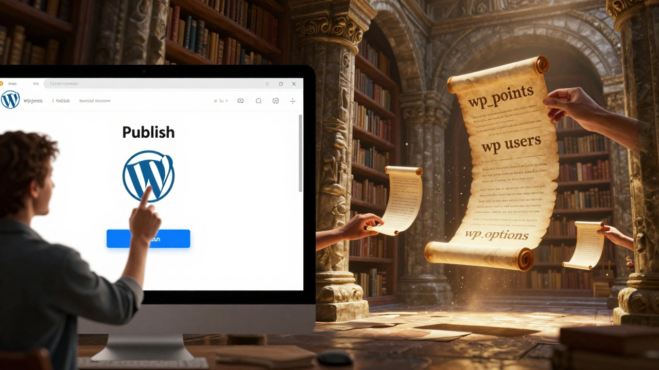 Split-screen: user publishing a post on left, hidden database scrolls updating silently on right in a stone library.