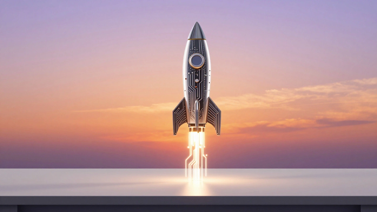 Stylized rocket made of circuit lines ascending.