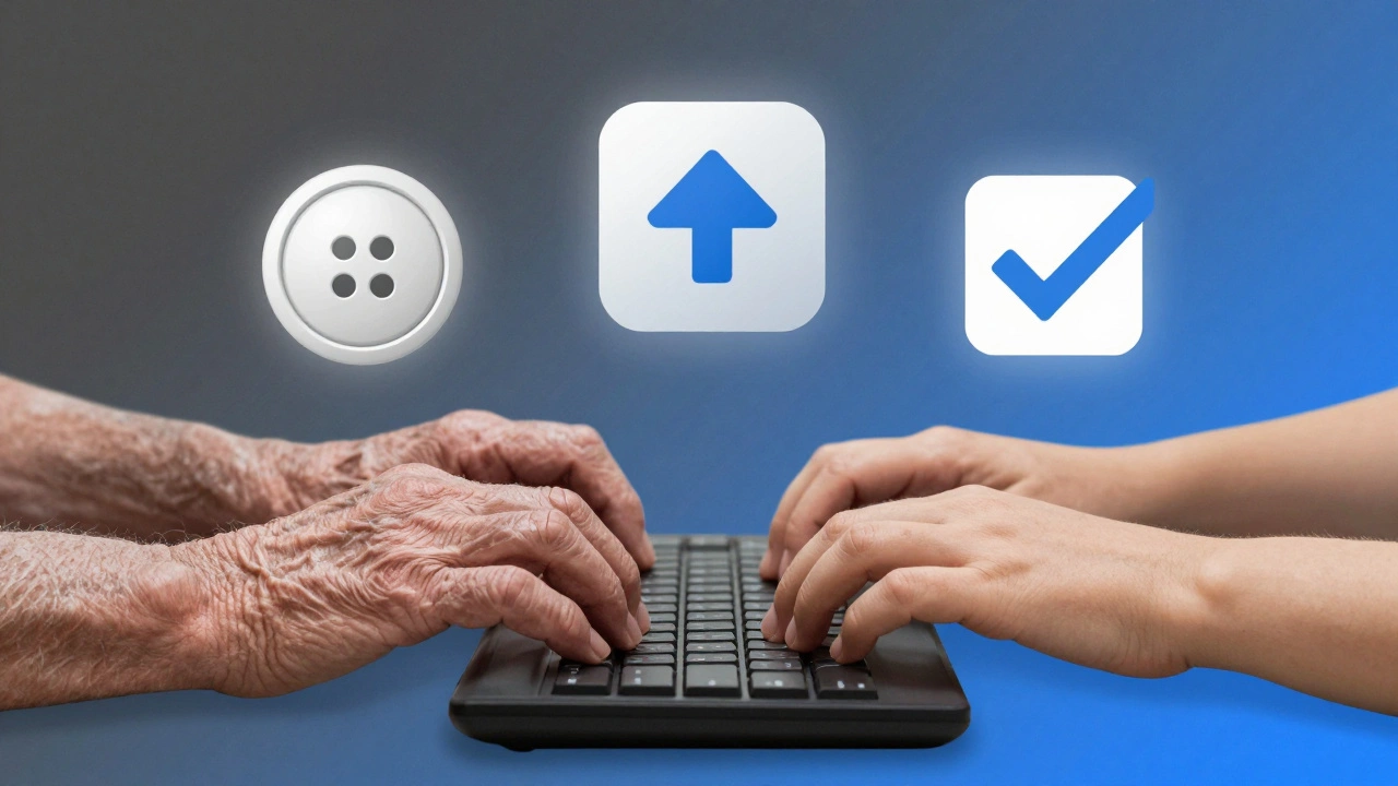 Three hands of different ages type together on one keyboard, with JavaScript icons floating above.