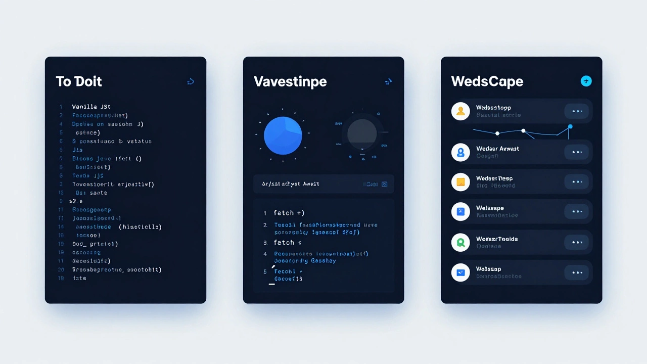 Three screens showing progressive JavaScript projects: to-do list, weather app, and chat app, all using pure vanilla JS.