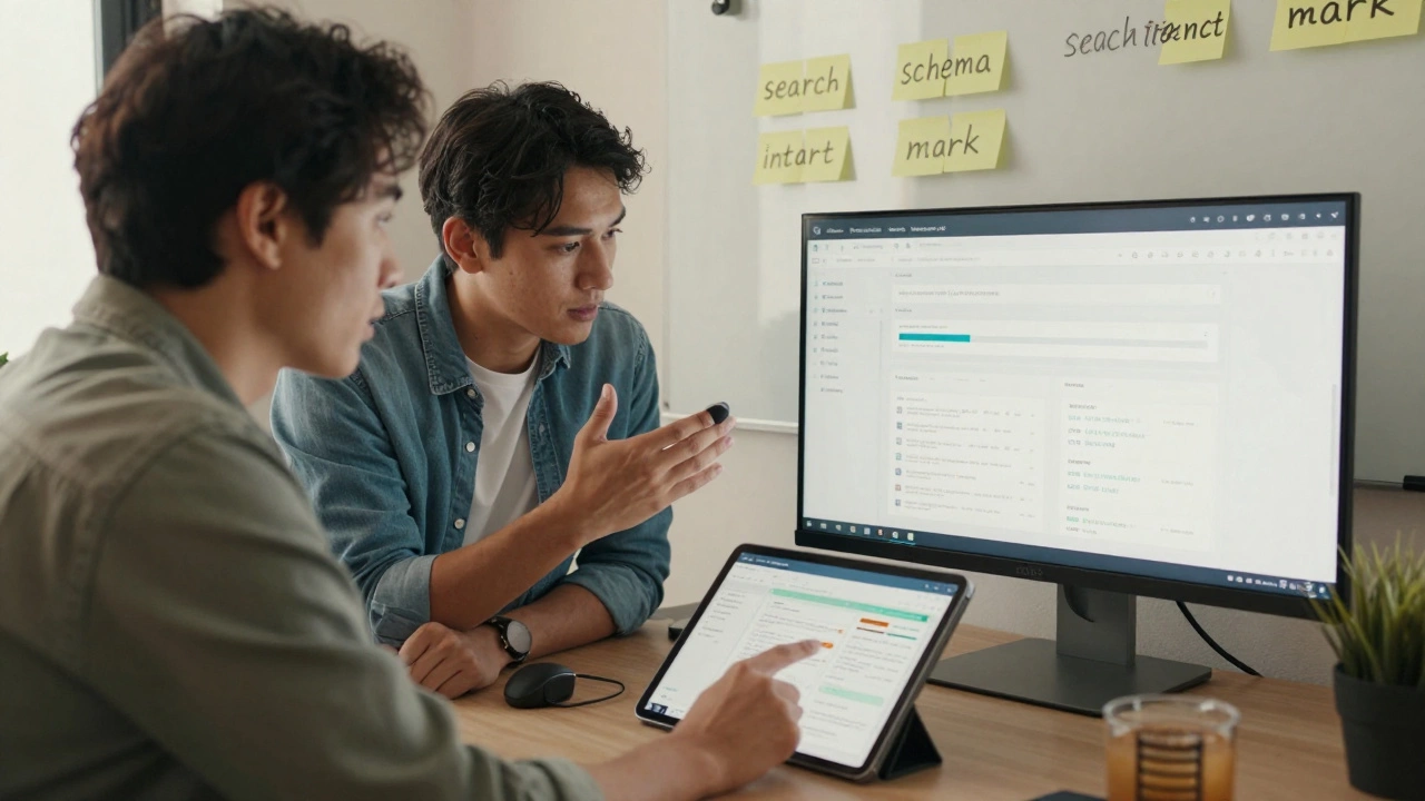 Web developer and marketer collaborating on a wireframe and search data in a modern office.