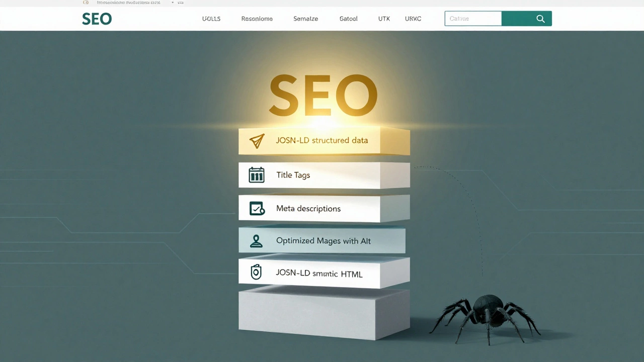 Website SEO foundation illustrated as layered structure with clean URLs, metadata, and structured data glowing above a crawling spider.