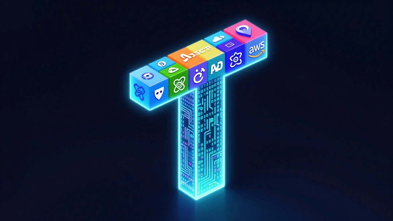 3D isometric T-shaped skill set illustration with various technology icons