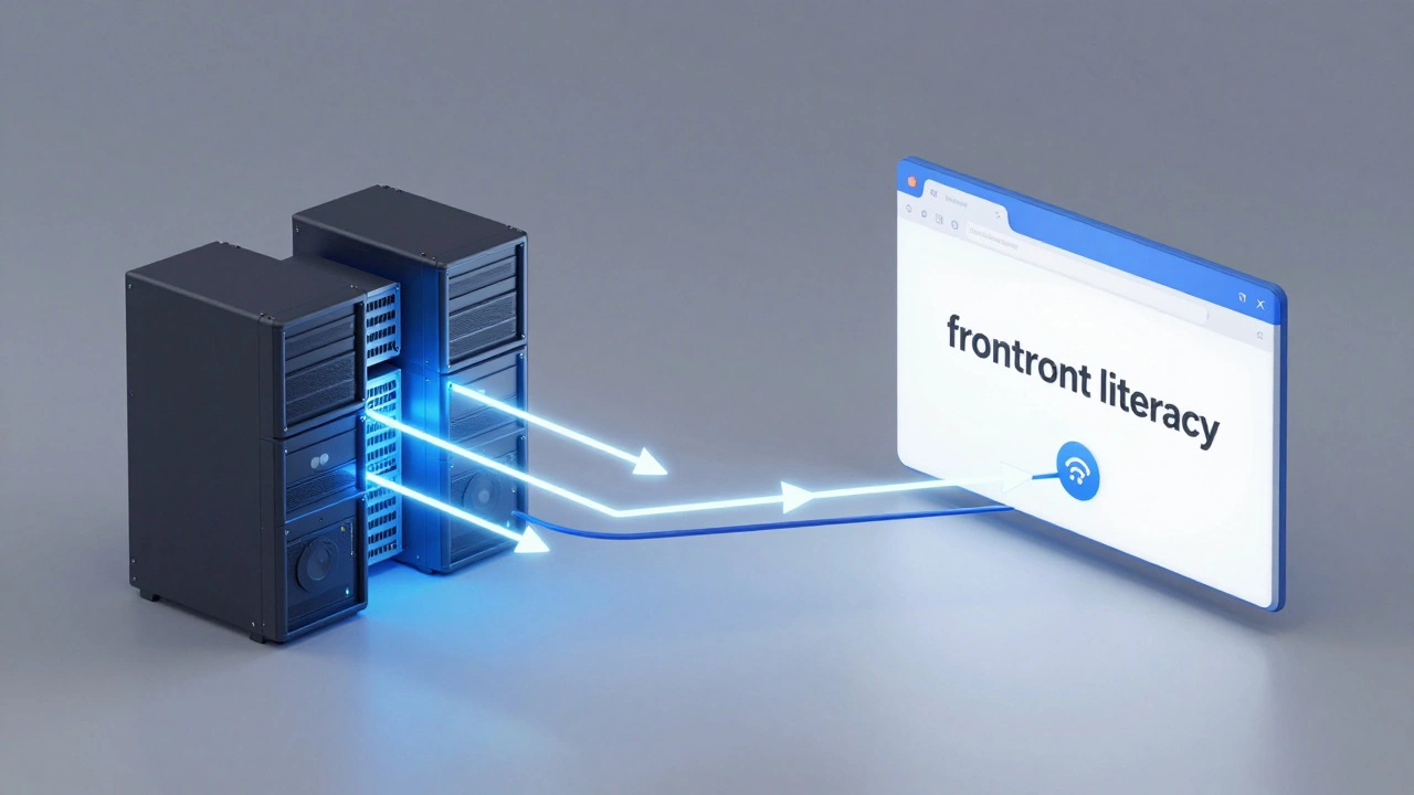 3D render of a server connecting to a web browser via a bridge of data packets.