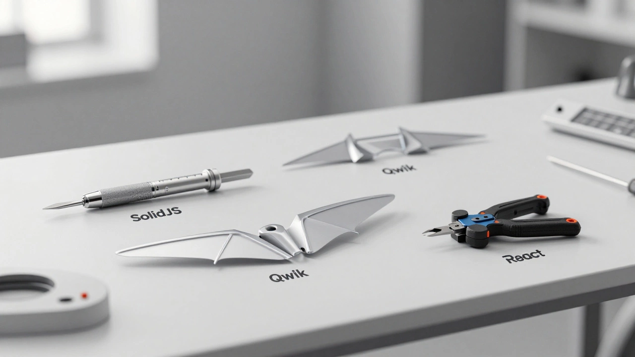 A collection of specialized high-tech tools on a minimalist white workshop table.