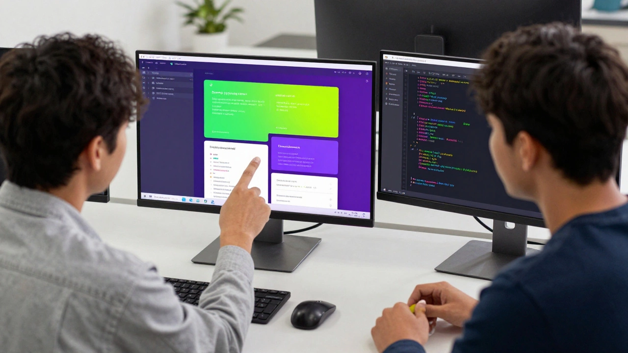 A designer and developer collaborating, with a visual mockup on one screen and code on another.