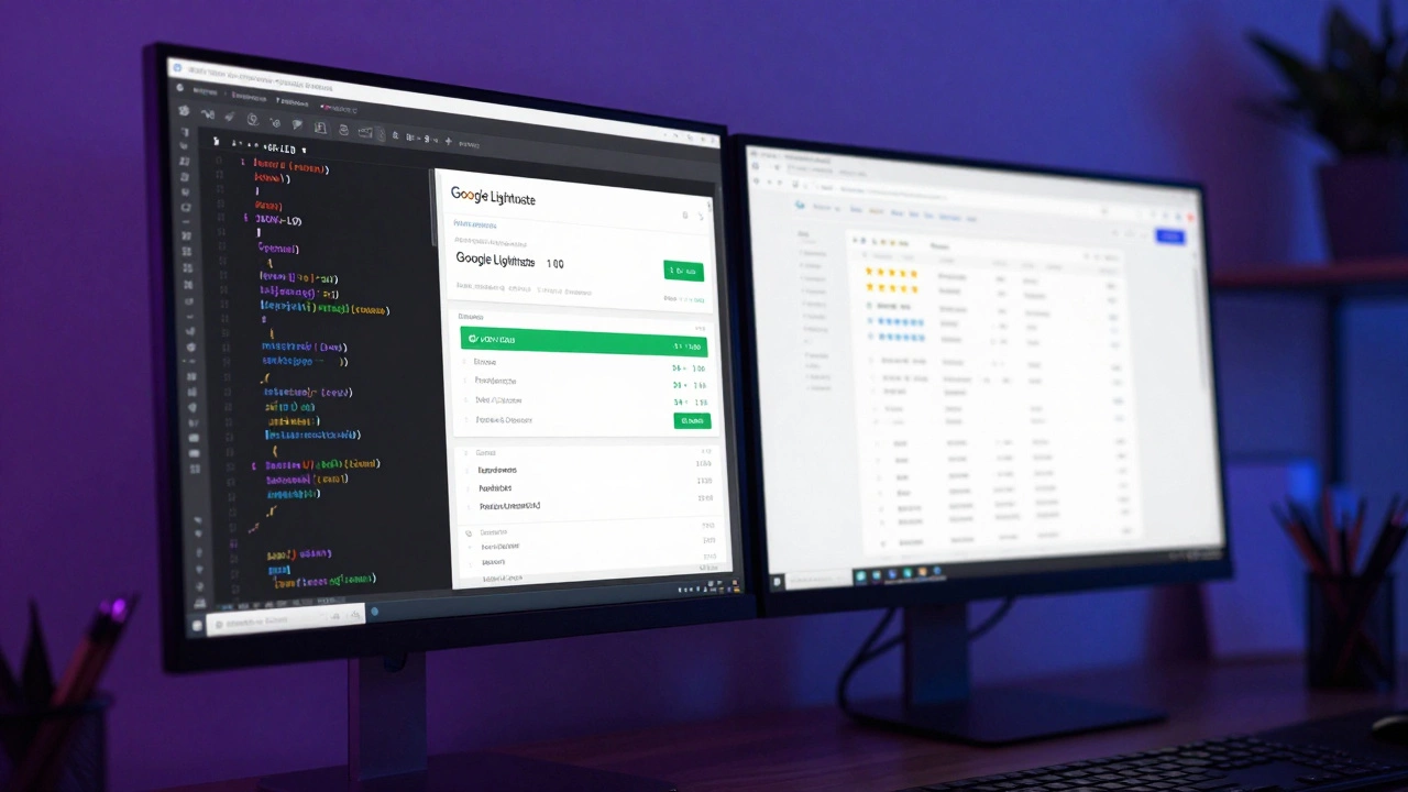 A developer's monitor showing a high-performance Lighthouse SEO report and rich search results.