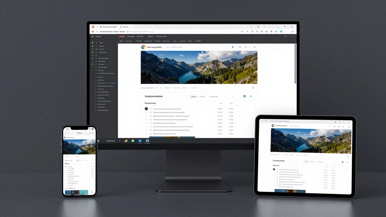 A developer testing a responsive website using browser tools and multiple physical devices.