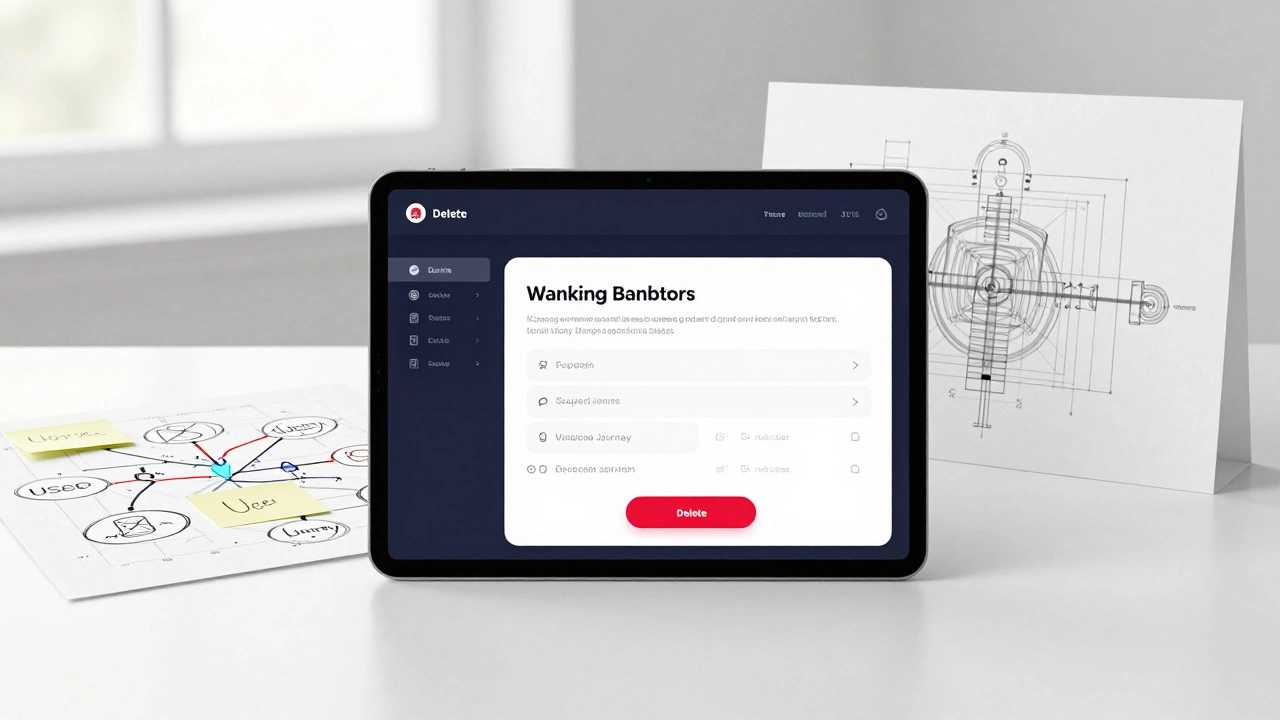 A digital banking app prototype next to a grayscale wireframe and a user journey map on a desk.