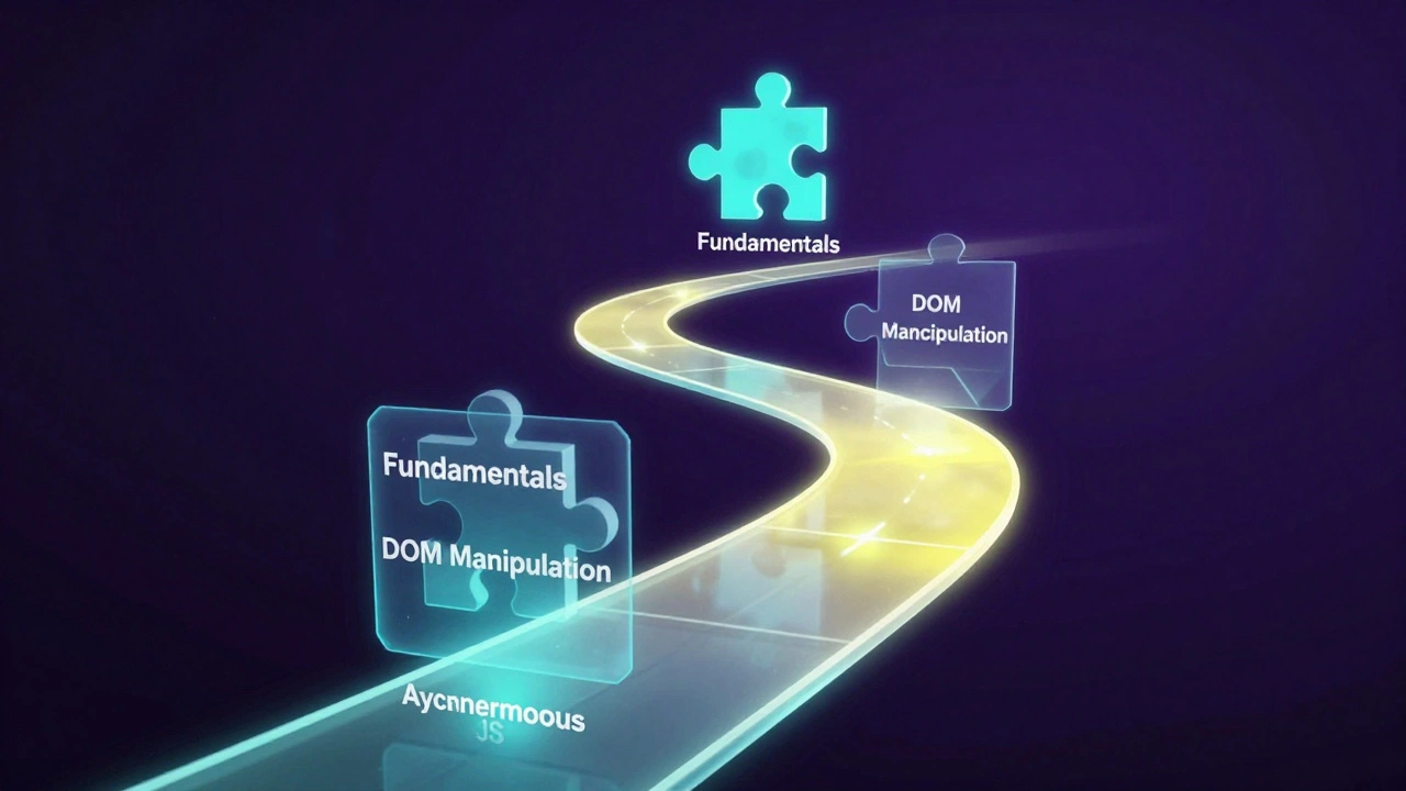 A glowing digital path with holographic milestones representing coding learning steps.