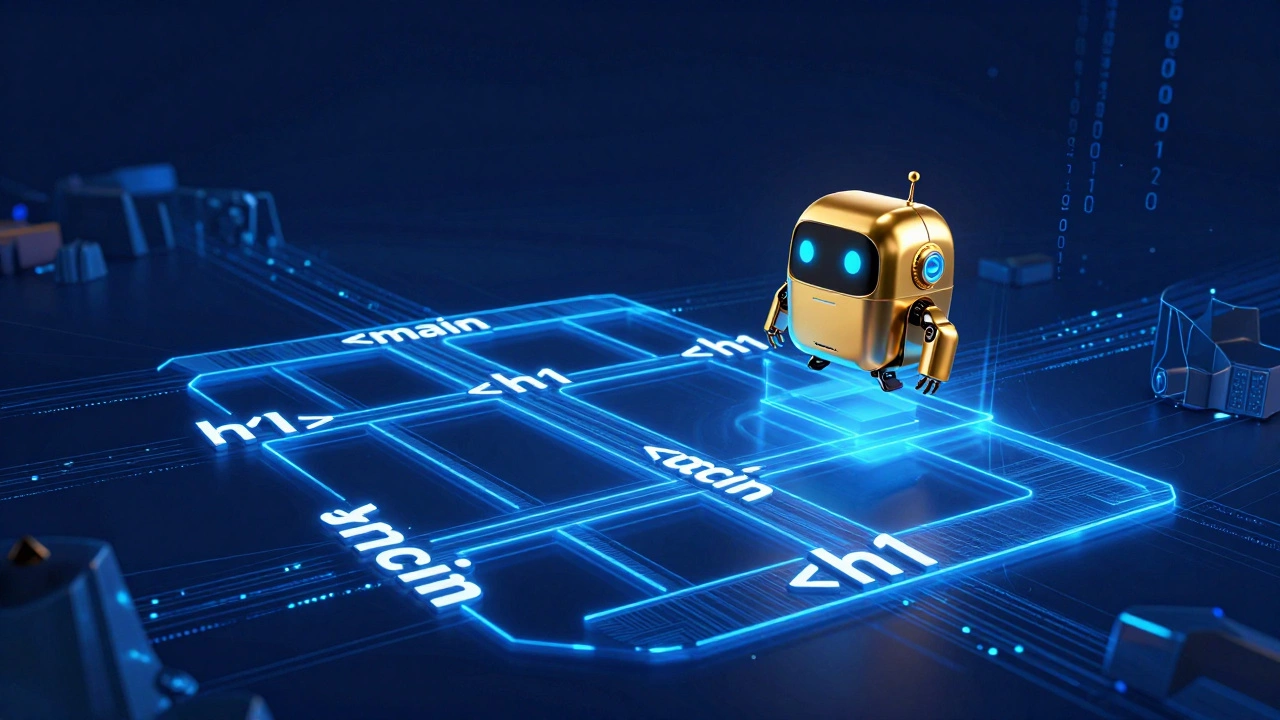 A golden robot following a glowing neon path of semantic HTML tags in a digital void.