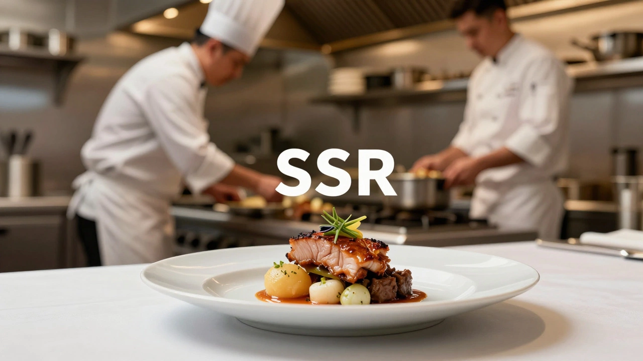 A gourmet plated meal in a restaurant symbolizing server-side rendering