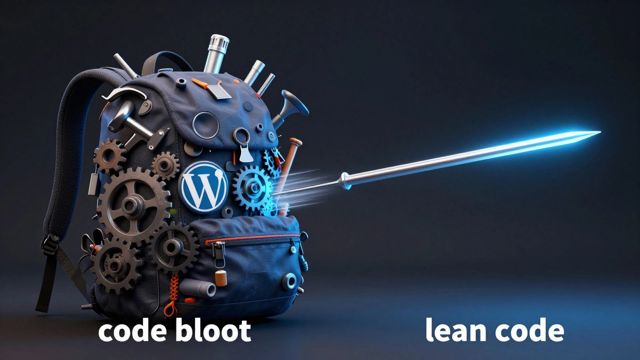 A heavy backpack of tools contrasted with a sleek, aerodynamic silver needle.