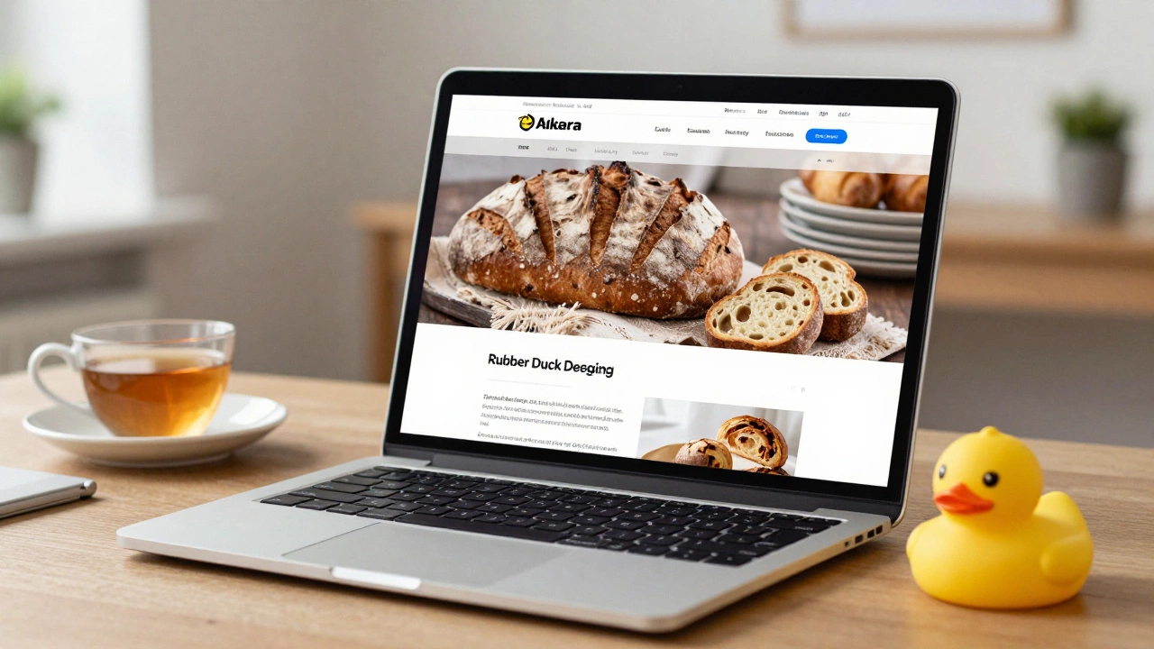 A laptop showing a bakery website with a rubber duck on a desk