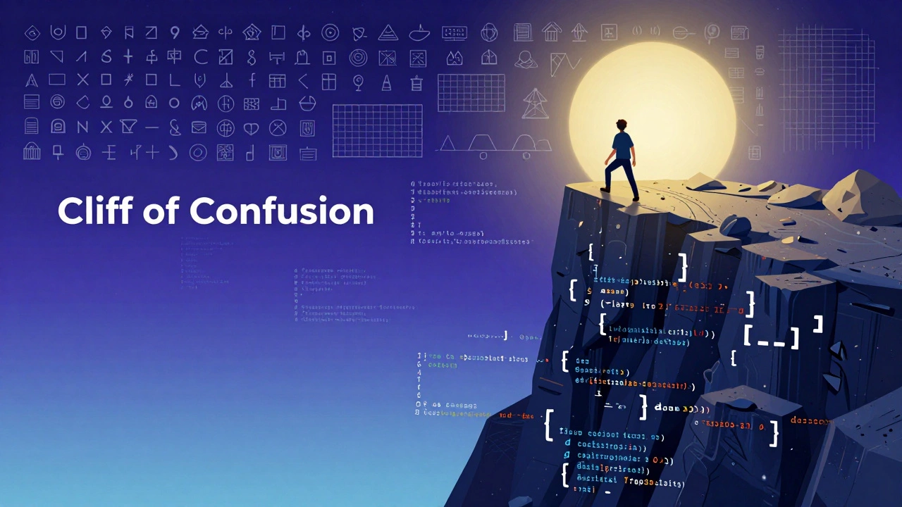 A person climbing a surreal cliff made of code symbols toward a bright summit