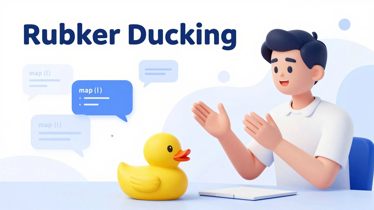 A person explaining code to a yellow rubber duck with floating digital chat bubbles.