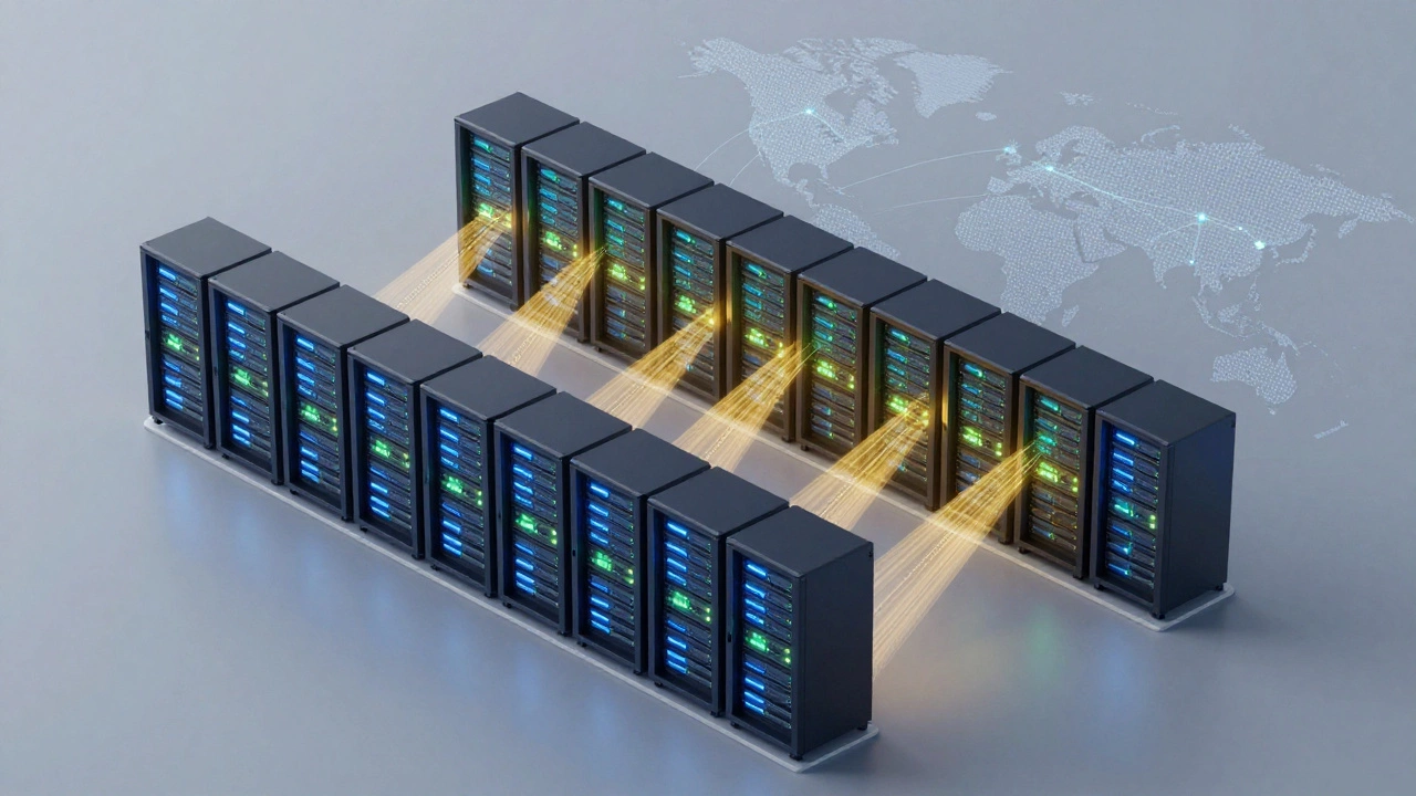 A professional data center with glowing server racks and global data connections.
