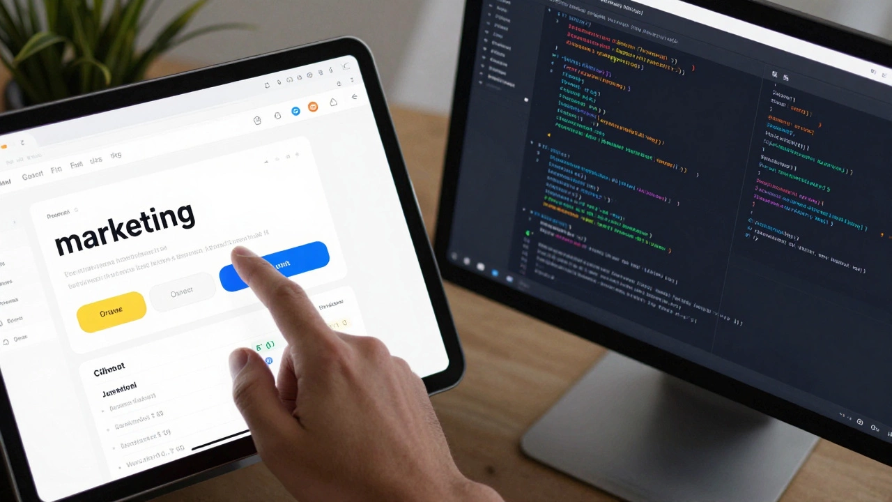 A split view of a simple website dashboard and a complex code editor.