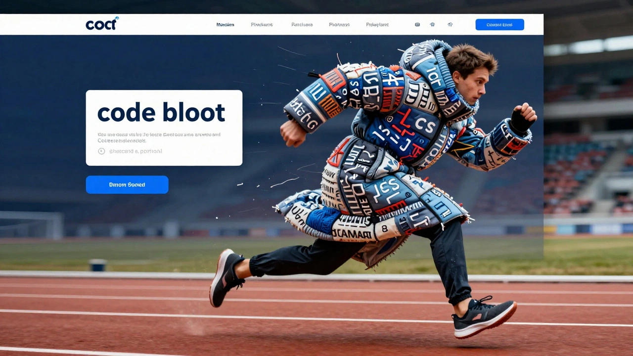 A sprinter wearing a heavy coat of code symbols to represent website bloat.