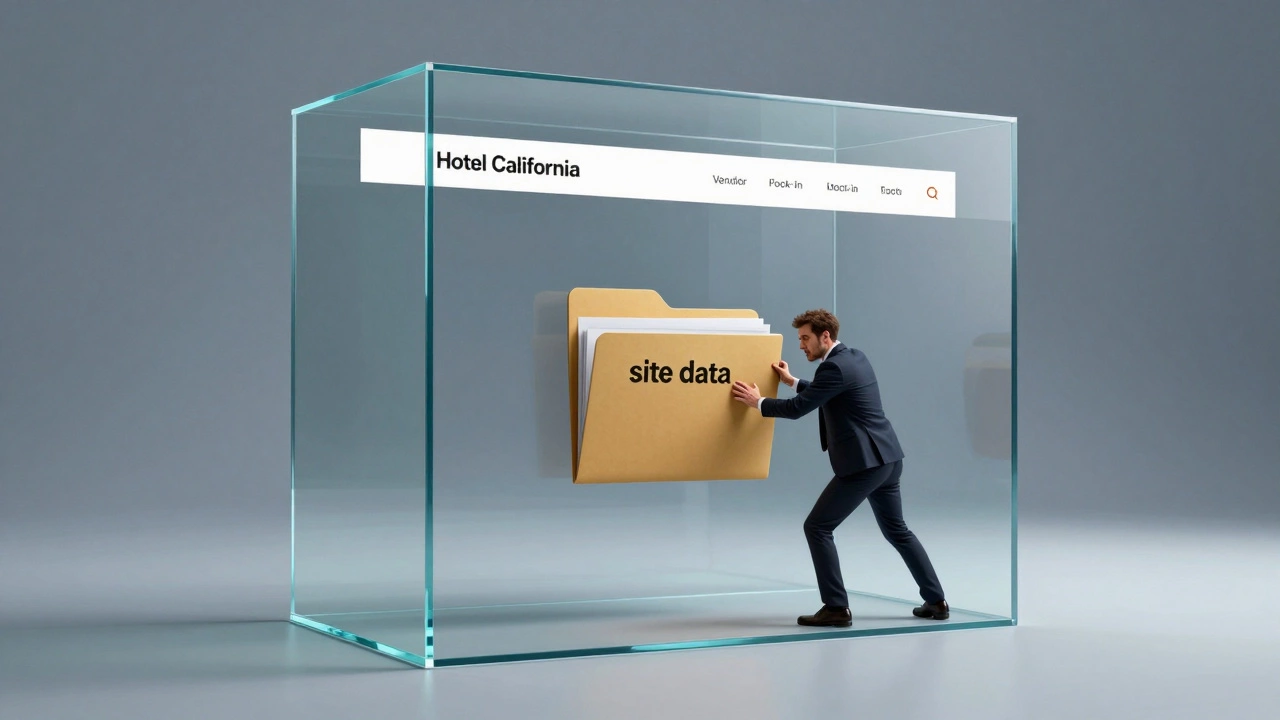 A website interface trapped inside a glass cube symbolizing vendor lock-in.