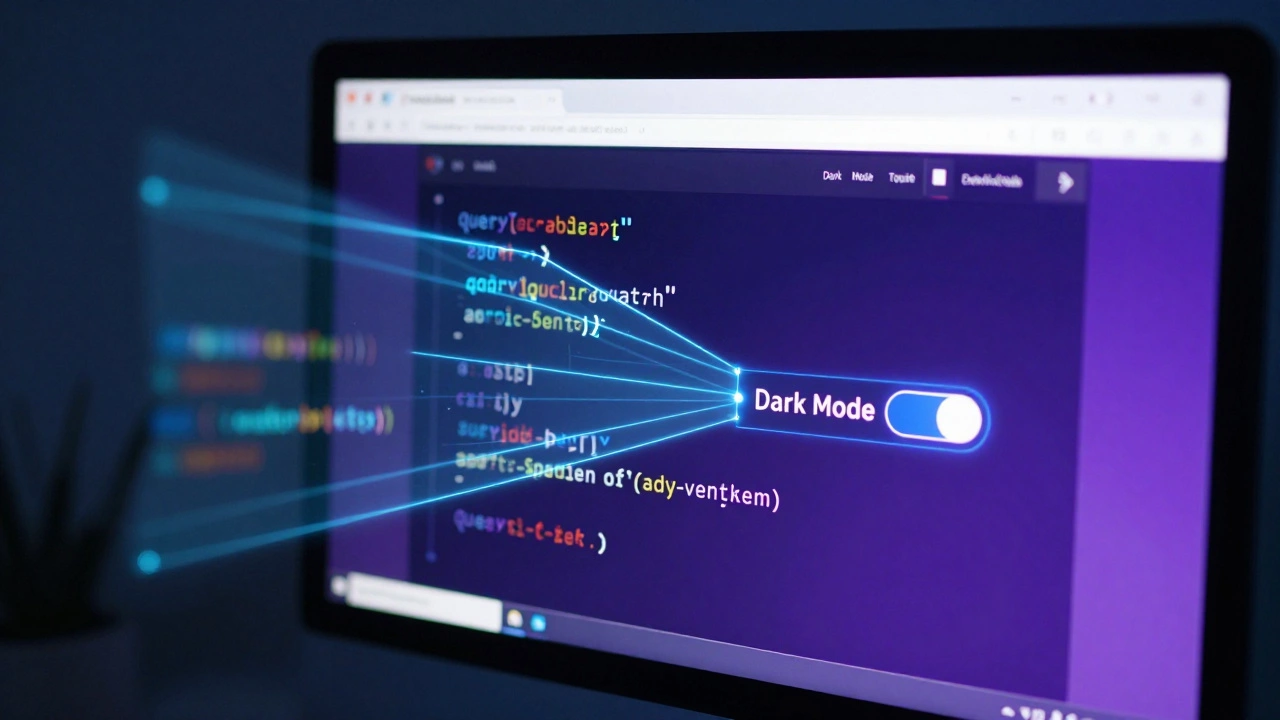 Close-up of a screen showing a dark mode toggle with holographic JavaScript code floating around it.