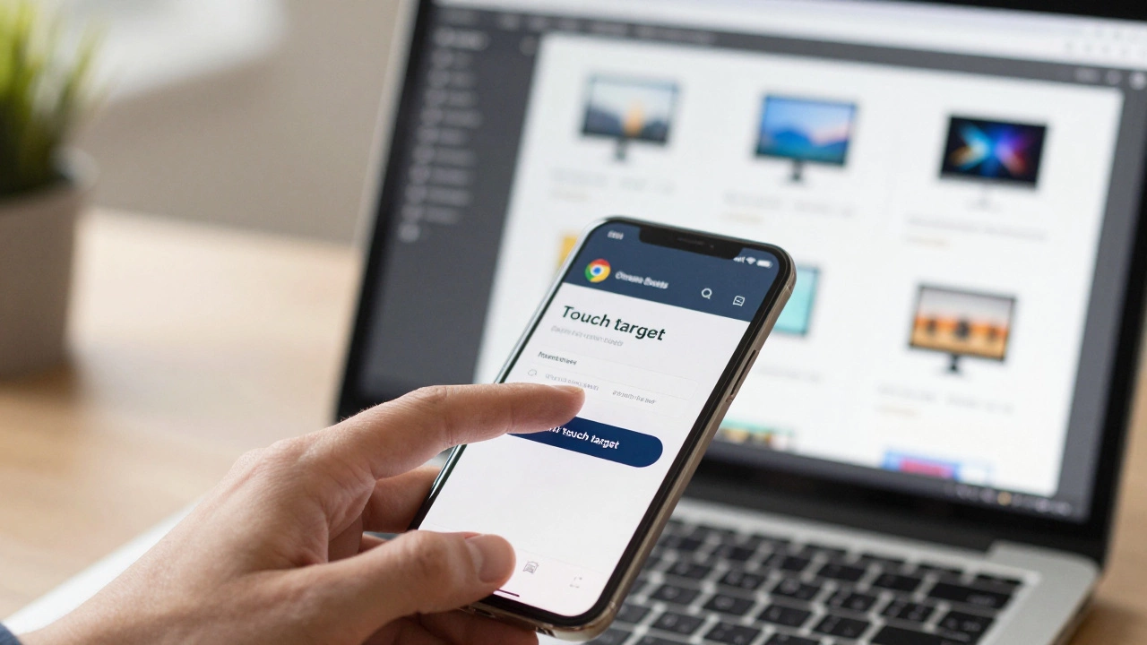 Close-up of a thumb clicking a large, accessible button on a responsive mobile website.