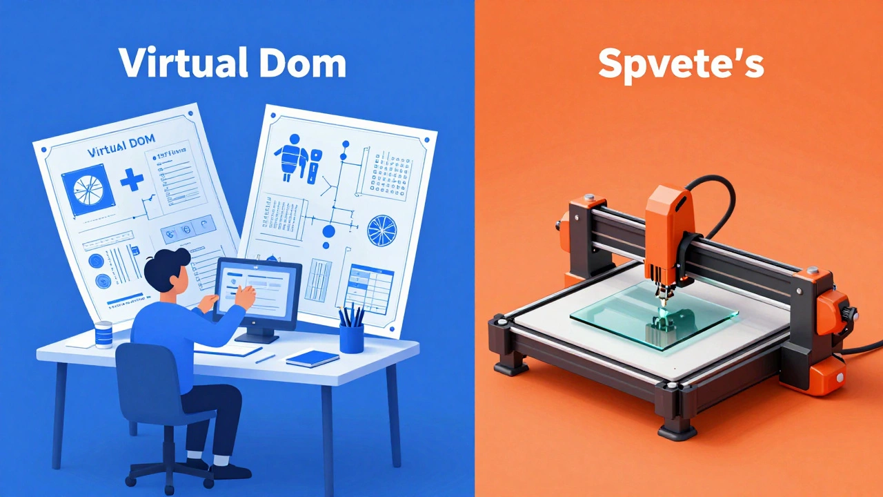 Comparison between a person analyzing blueprints and a precision laser cutter.