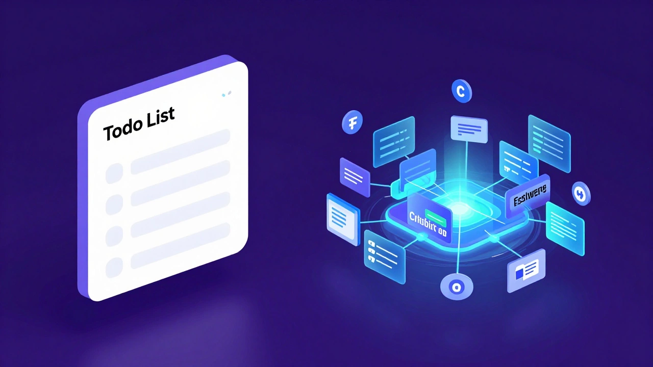 Conceptual 3D art comparing a simple app project with a complex professional software system.