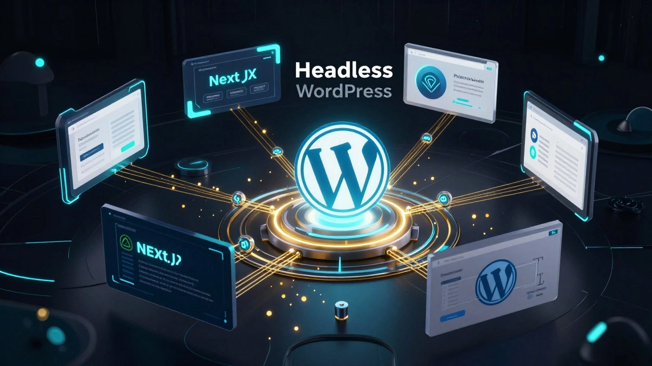 Conceptual 3D visualization of Headless WordPress architecture with data flowing to modern frontends.