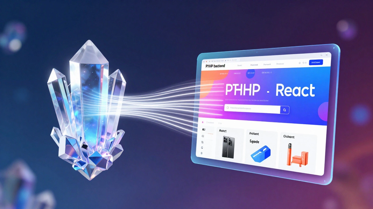 Conceptual art of a PHP backend API sending data to a colorful frontend interface.